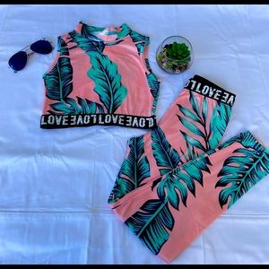 SHEIN Girls Letters and Botanical Print Tank Top and Leggings Set.